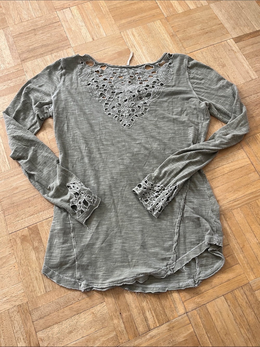 Free People Crochet Long Sleeve Tee in Olive/Grey Flawed* - Picture 5 of 7
